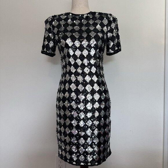 Vintage AJ Bari Mini Dress Size 4 Full Sequin 100% SILK Checkerboard Black White - Picture 1 of 14